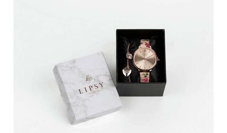 Lipsy Pink Floral Strap Watch With Rose Gold Bracelet Set