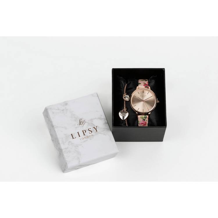 Lipsy Pink Floral Strap Watch With Rose Gold Bracelet Set 0