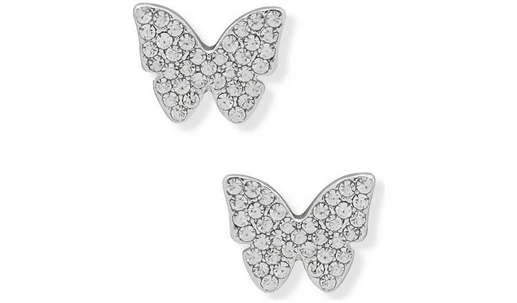 DKNY Silver Coloured Crystal Butterfly Stud Earrings