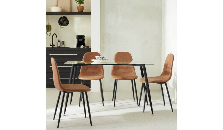 Habitat Beni Glass Oak Dining Table & 4 Tan Chairs