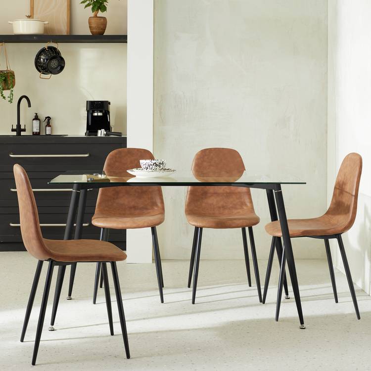 Habitat Beni Glass Oak Dining Table & 4 Tan Chairs 0