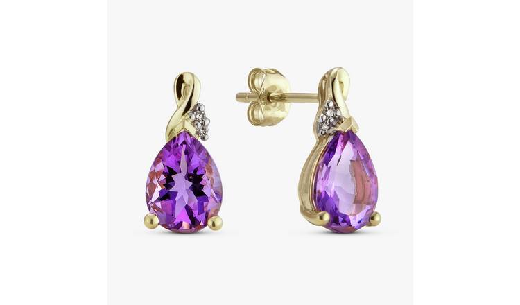 Revere 9ct Yellow Gold Amethyst Diamond Stud Earrings