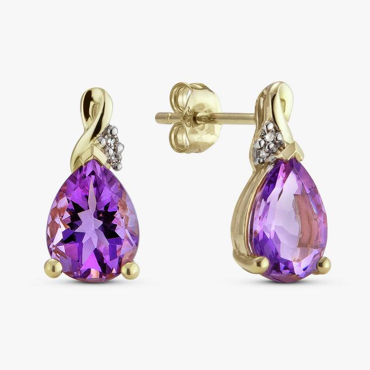 Revere 9ct Yellow Gold Amethyst Diamond Stud Earrings 0