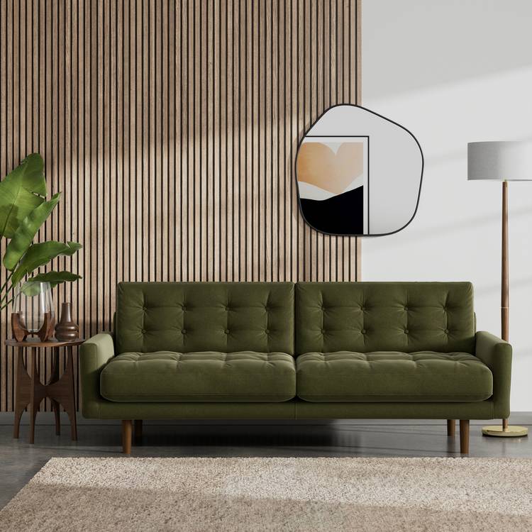 Habitat Fenner Velvet 3 Seater Sofa - Moss Green - Dark Leg 0