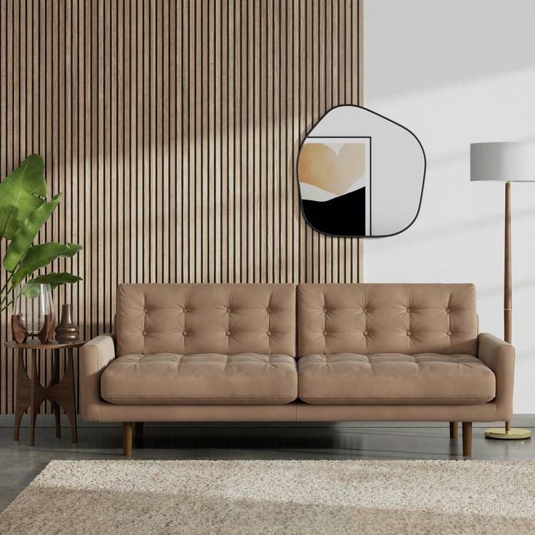 Habitat Fenner Velvet 3 Seater Sofa - Latte - Dark Leg 0