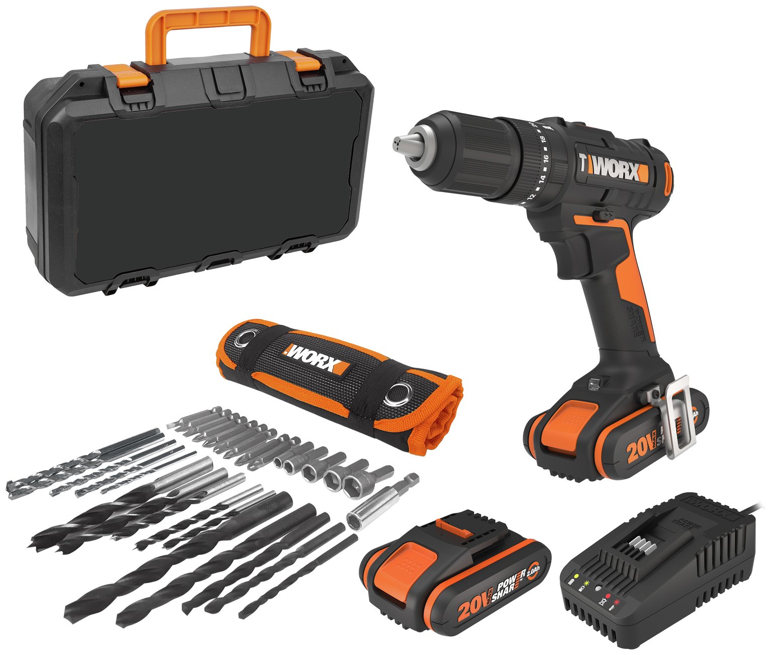 Worx WX370 Cordless Impact Drill and 30 Accessories - 20V
