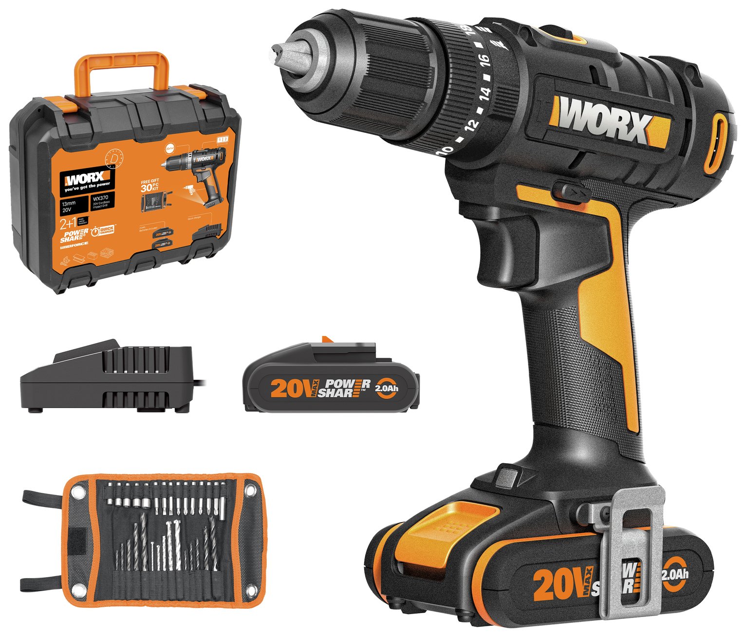 Worx WX370 Cordless Impact Drill and 30 Accessories - 20V