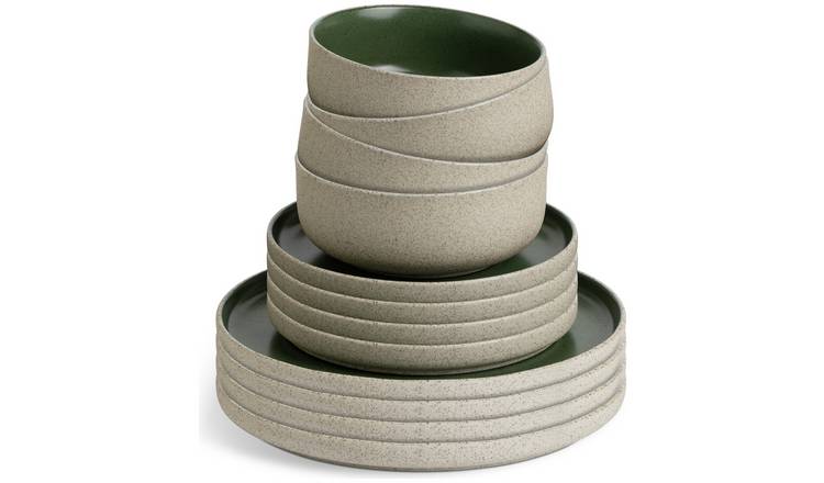 Habitat 12 Piece Raw Edge Speckle Stoneware Dinner Set-Green