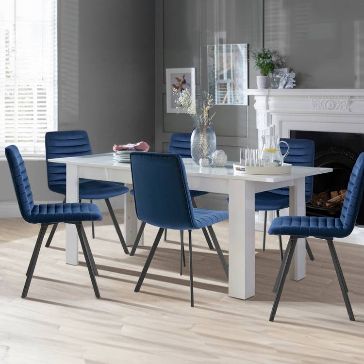 Argos Home Miami Extend White Dining Table & 6 Blue Chairs 0