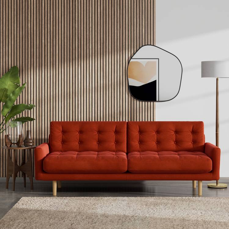 Habitat Fenner Velvet 3 Seater Sofa - Burnt Orange - Ash Leg 0