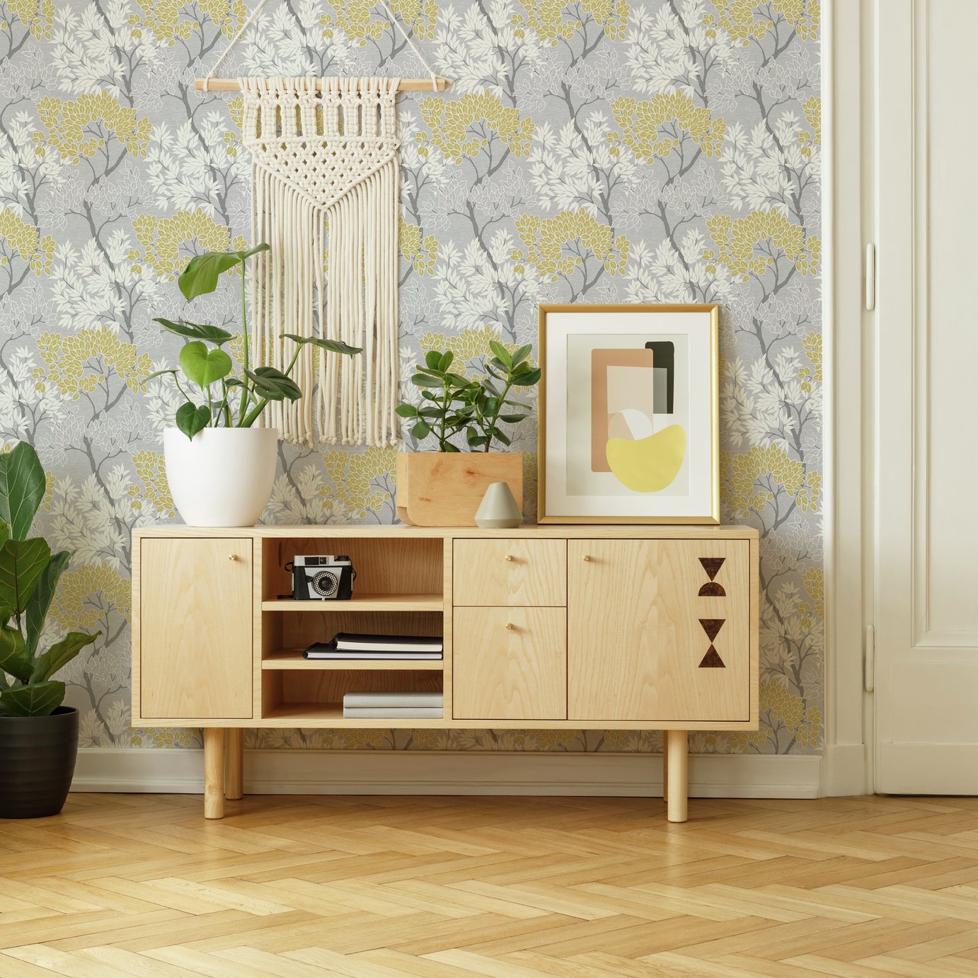 Fresco Lykke Tree Grey & Ochre Wallpaper