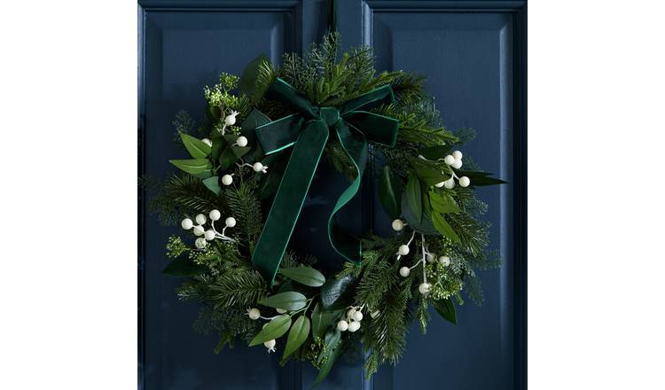 Habitat White Berry And Green Bow Faux Christmas Wreath