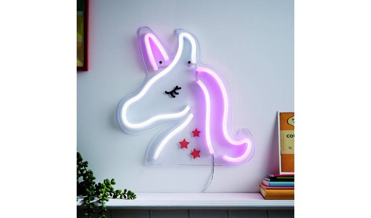 Glow Neon Effect Unicorn LED Kids Wall Light - White & Pink