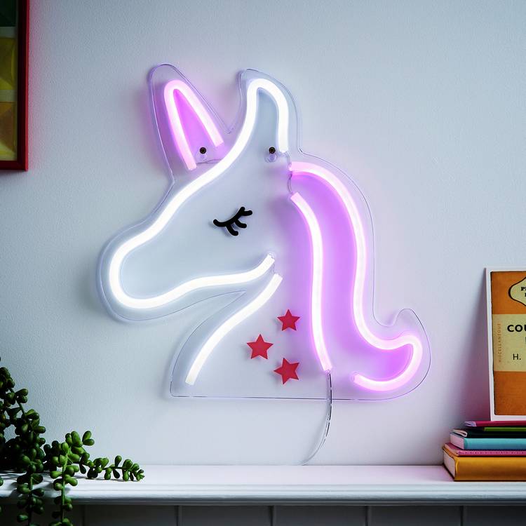 Glow Neon Effect Unicorn LED Kids Wall Light - White & Pink 0