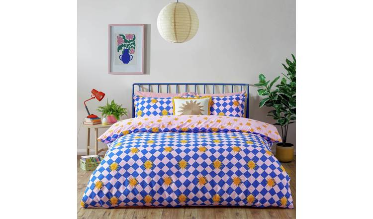 furn Antares Checkerboard Blue & Pink Bedding Set - Single