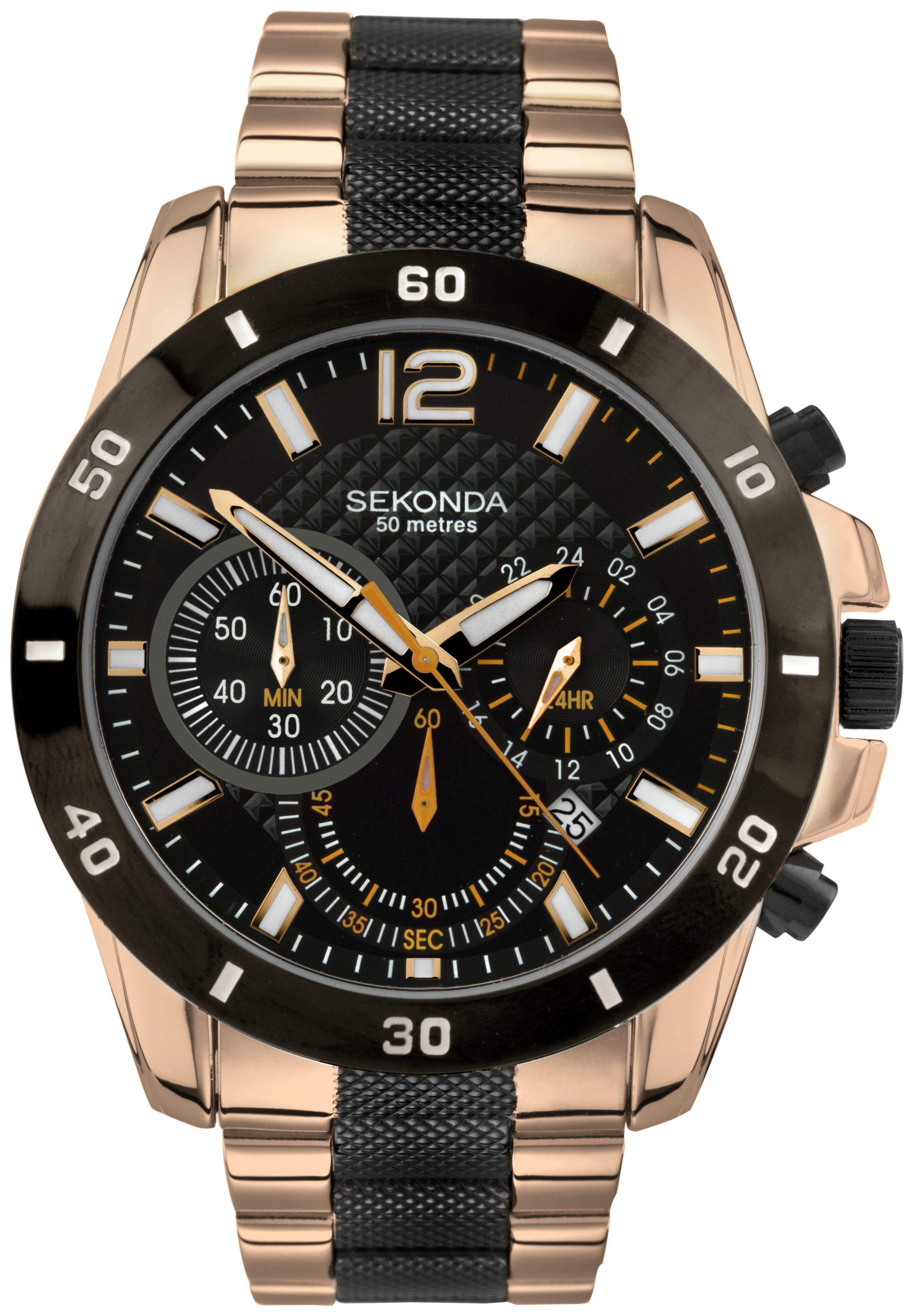 Sekonda Men's Black and Rose Gold Plated Chronograph Watch