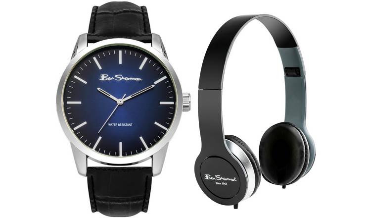 Ben Sherman Black Faux Leather Strap Watch and Headphone Set