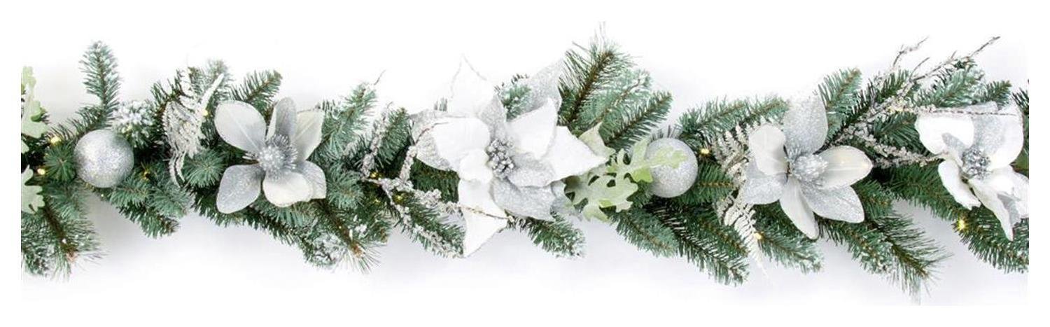 Premier Decorations 1.8m Pre-Lit Poinsettia Garland - Silver