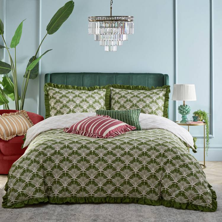 furn Deco Palm Printed Ruffle Green Bedding Set - Double 0