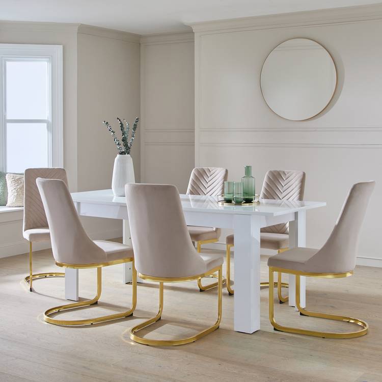 Argos Home Miami Extending White Dining Table&6 Beige Chairs 0