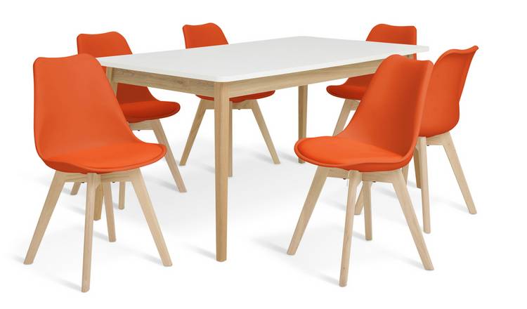 Habitat Wood Effect Extending Dining Table & 6 Orange Chairs