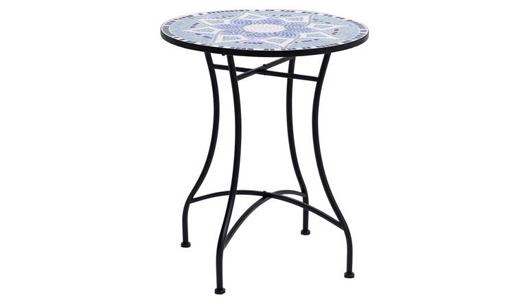 Outsunny Small Round Outdoor Side Table with Ceramic Top - Blue and White