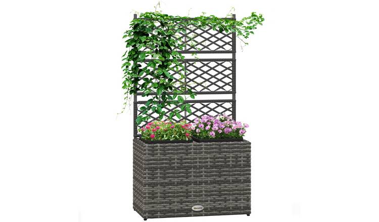 Outsunny Rattan Freestanding Garden Planters with Trellis - Light Grey