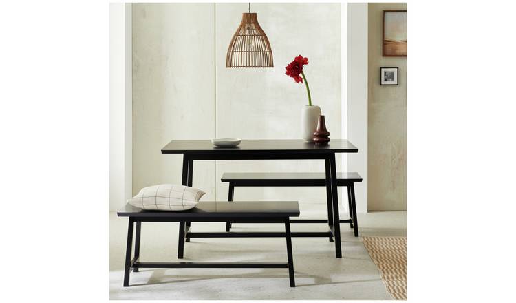 Habitat Kyoto Solid Wood Dining Table & 2 Black Benches