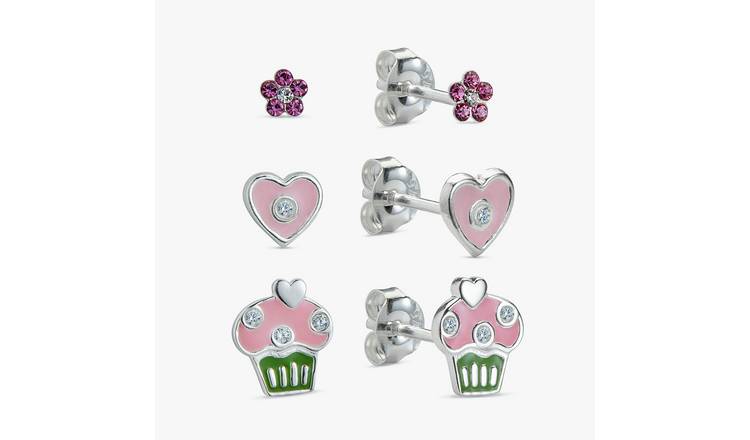 Revere Enamel Flower, Heart and Cupcake Stud Earrings Set