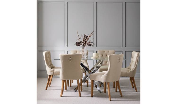 Argos Home Blake Chrome Dining Table & 6 Beige Chairs