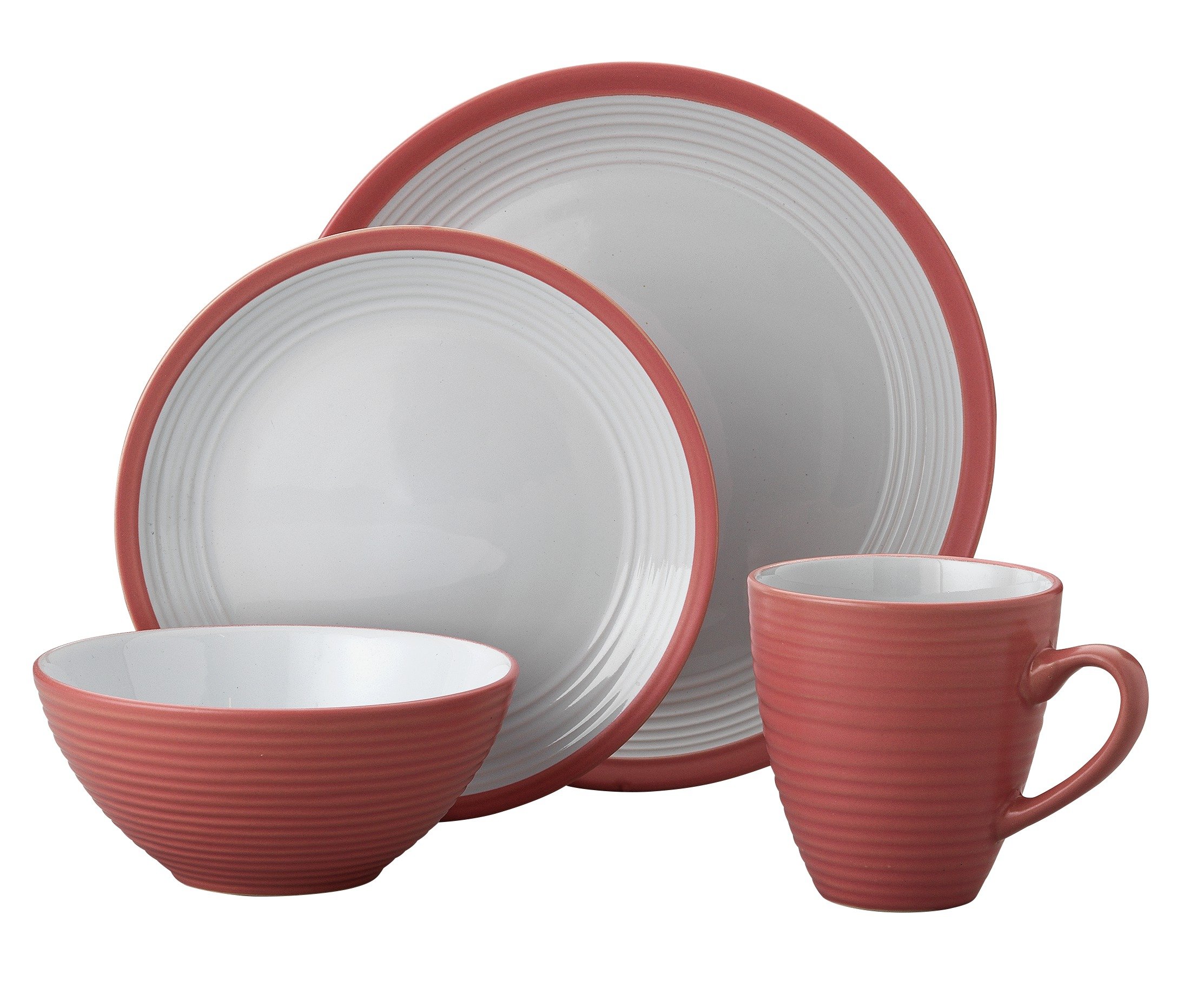 HOME 16 Piece Ribbed Stoneware Dinner Set - Pink.