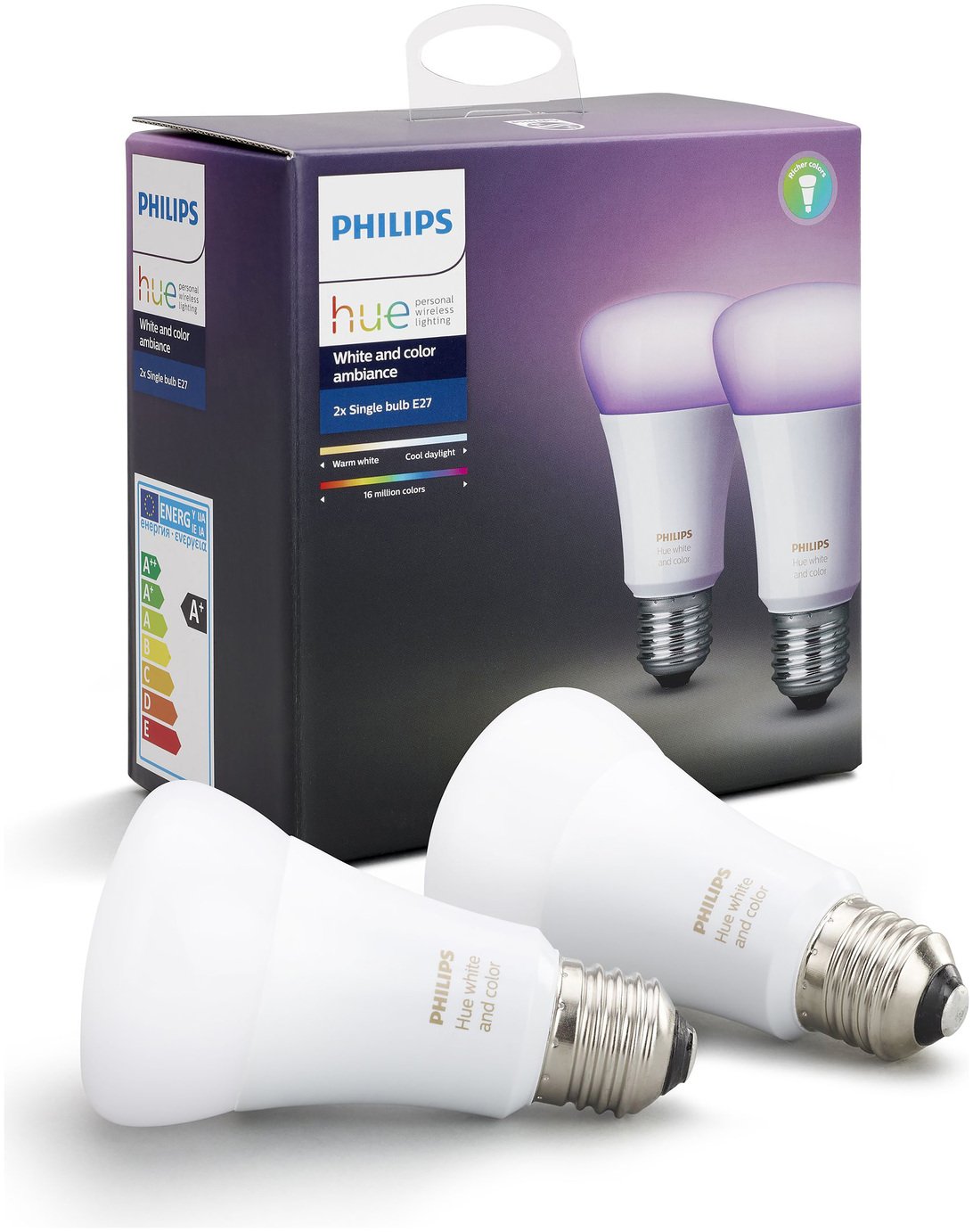Philips Hue White and Colour Ambience E27 Bulb Twin Pack.