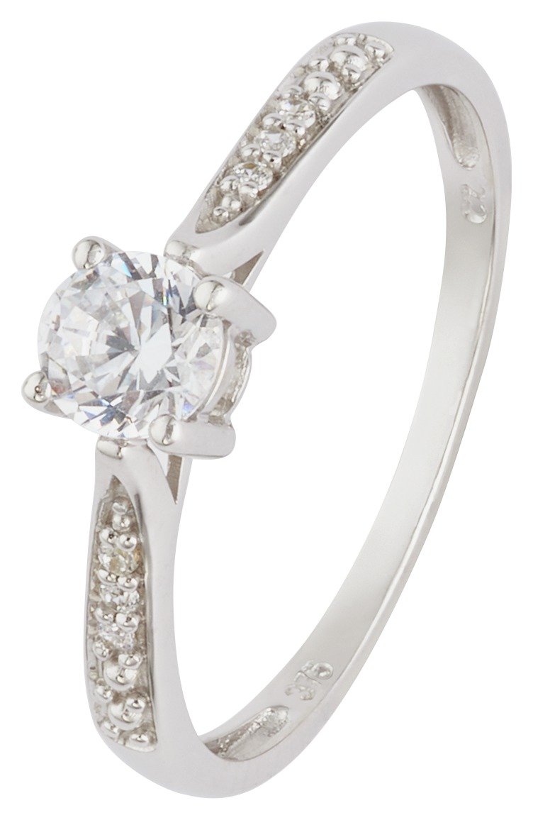 Revere 9ct White Gold CZ Solitaire and CZ Shoulder Ring