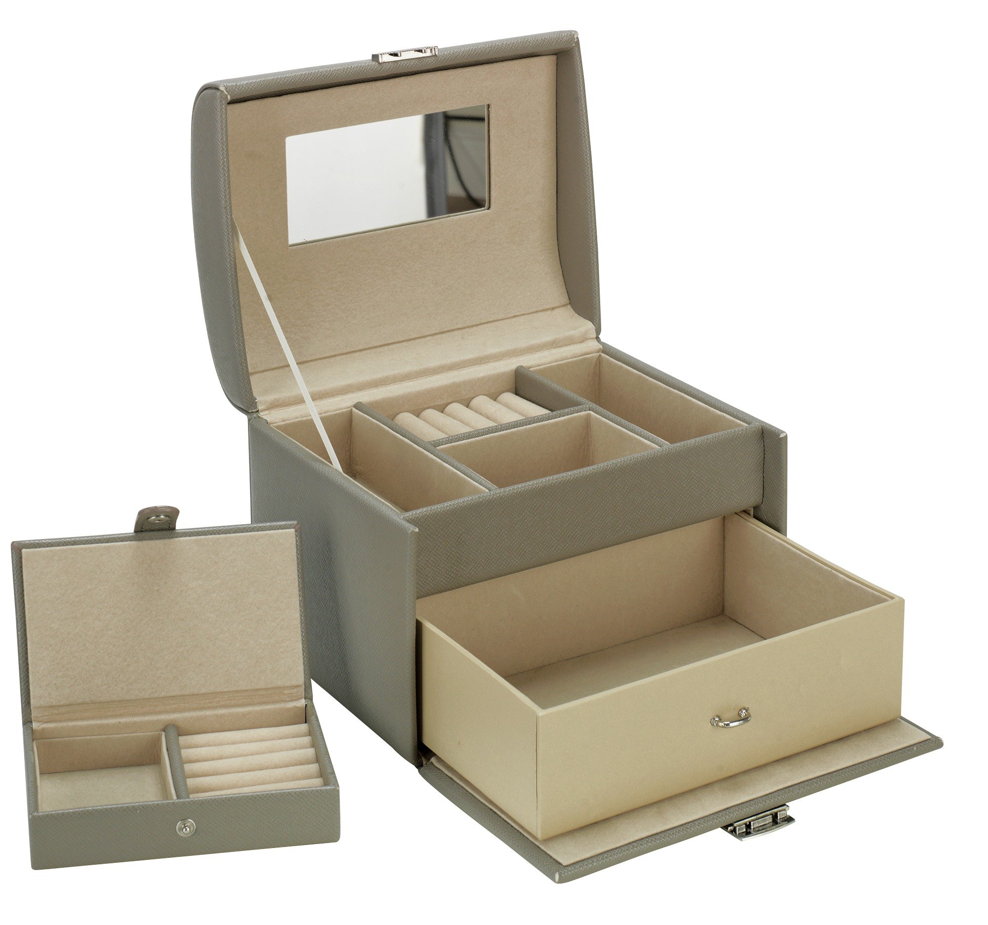 Grey Faux Leather Medium Jewellery Box with Travel Set