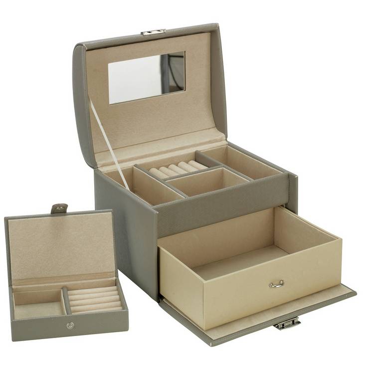 Grey Faux Leather Medium Jewellery Box with Travel Set 0
