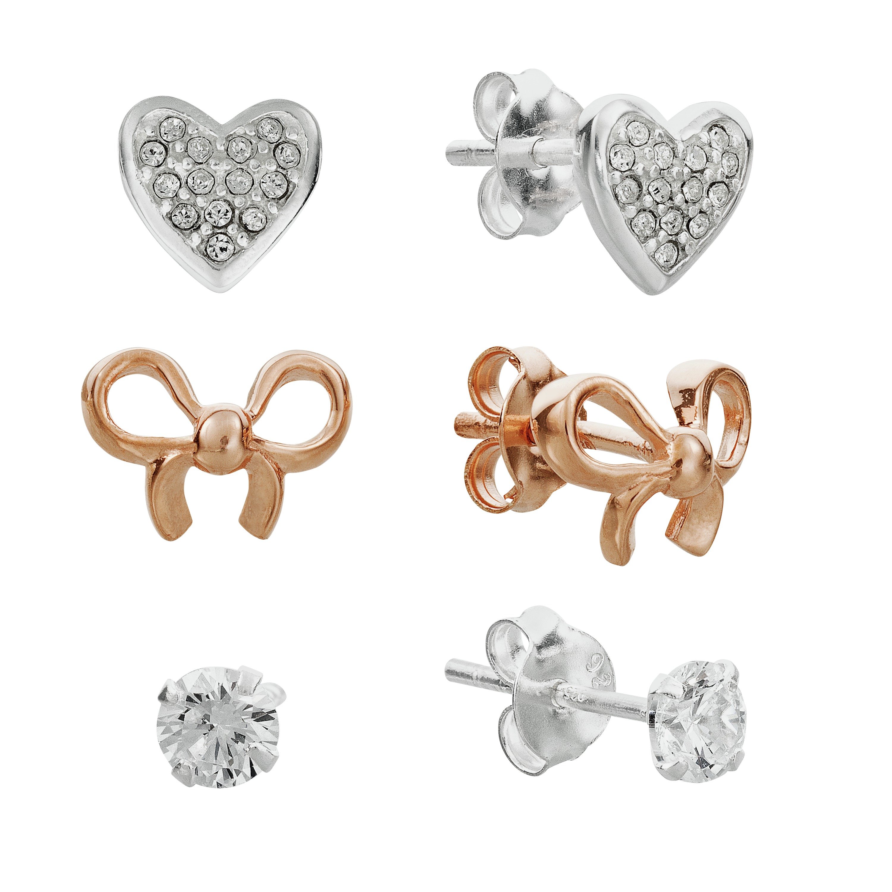 Revere Silver & Rose Gold Plated CZ Stud Earrings - Set of 3 (7246269