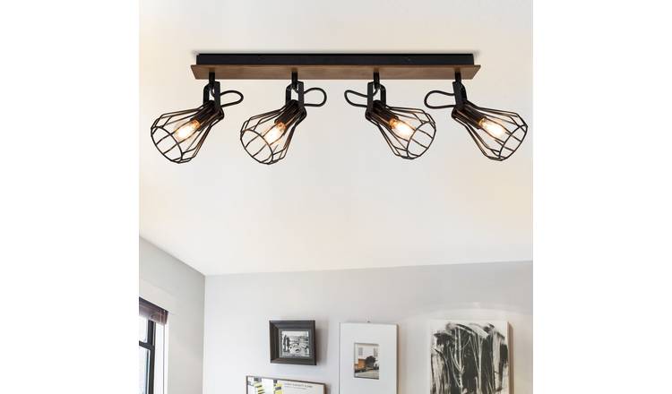 Cosylyte Kendan 4 Light Matt Black Wire Shade Spotlight with Wooden Backplate