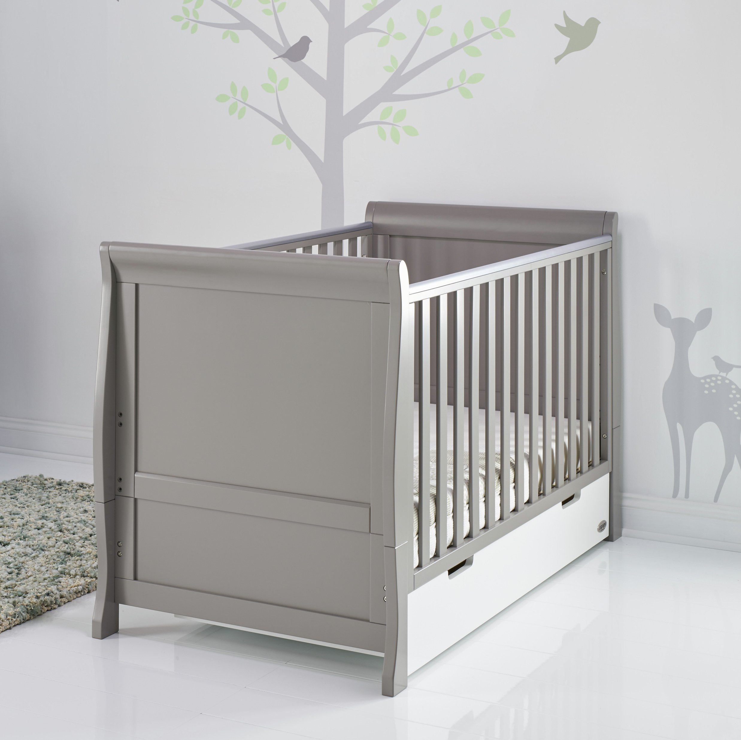 Obaby Stamford Sleigh Cot Bed - Taupe Grey & White