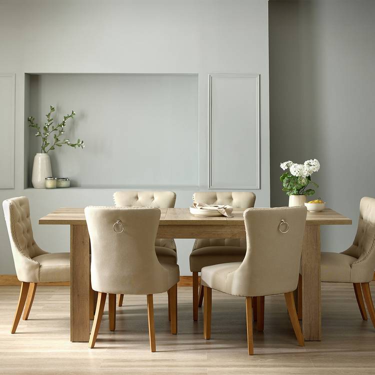 Argos Home Preston Ext Oak Dining Table And 6 Beige Chairs 0