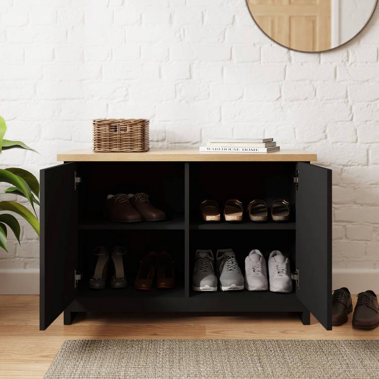 GFW Lancaster 2 Door Shoe Storage Cabinet - Black & Oak 0