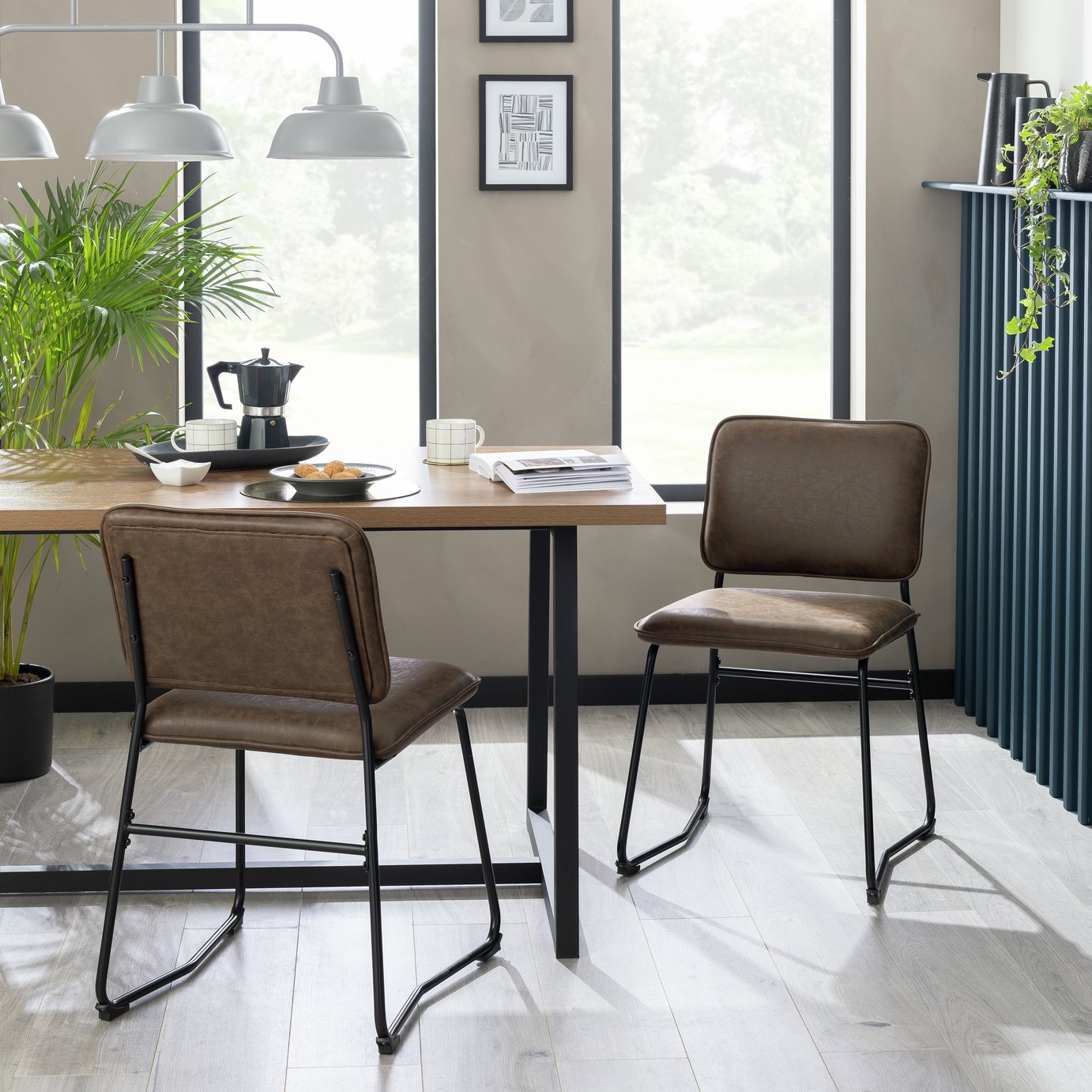 Habitat Loft Living Pair of Faux Leather Dining Chairs-Brown