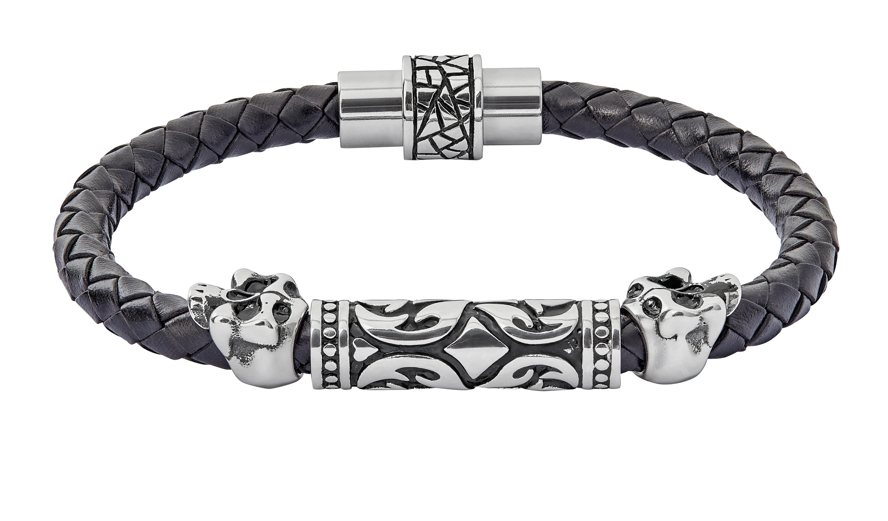 Revere Men's Stainless Steel Double Skull Leather Bracelet