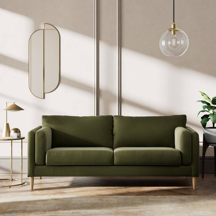 Habitat Newington Velvet 3 Seater Sofa - Moss Green- Ash Leg 0