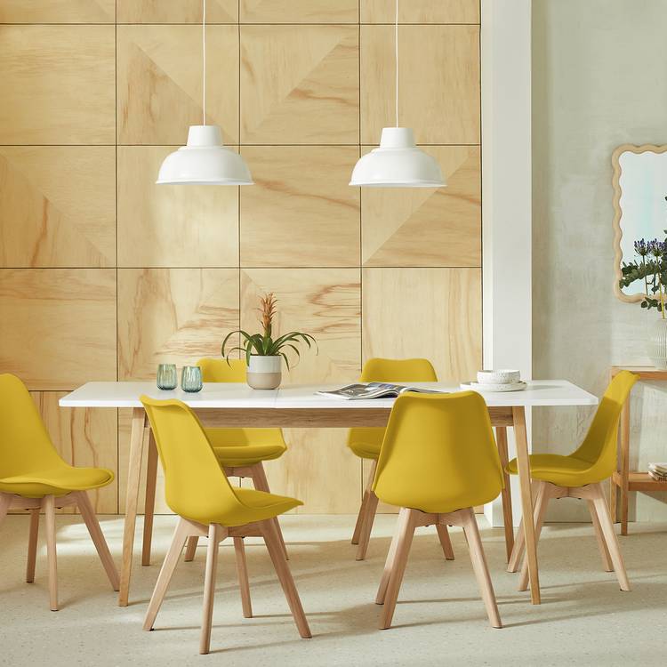 Habitat Sylas Extending White Dining Table & 6 Yellow Chairs 0