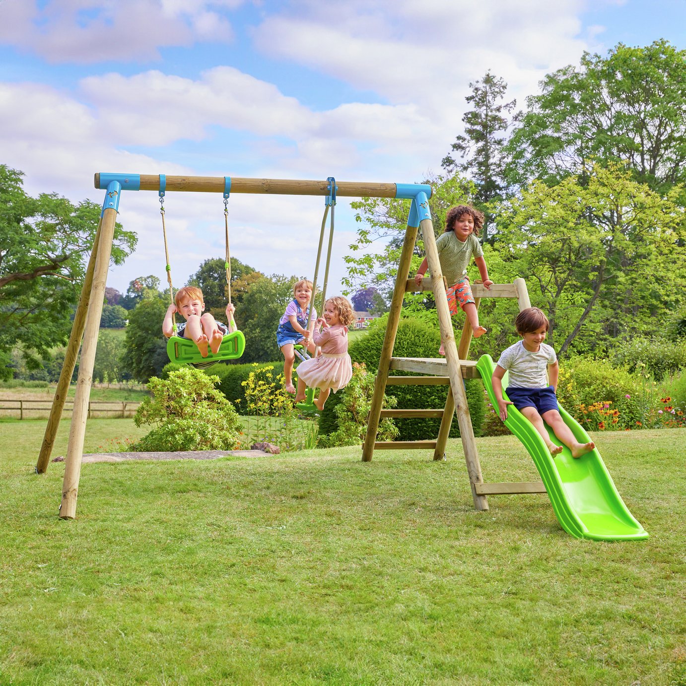 Buy TP Wooden Double Swing Set, Glider, and Slide | Swings | Argos