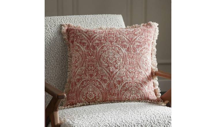 Paoletti Durelle Damask Fringed Cushion - Coral - 50x50cm