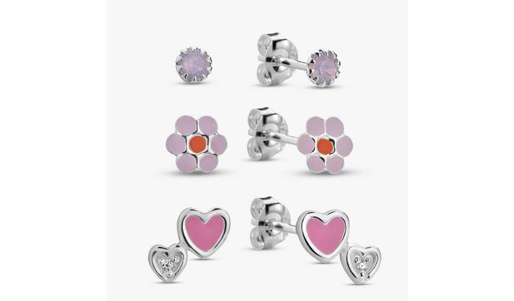 Revere Enamel Flower, Heart and Crystal Stud Earrings Set