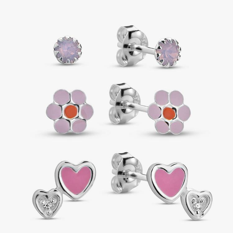 Revere Enamel Flower, Heart and Crystal Stud Earrings Set 0