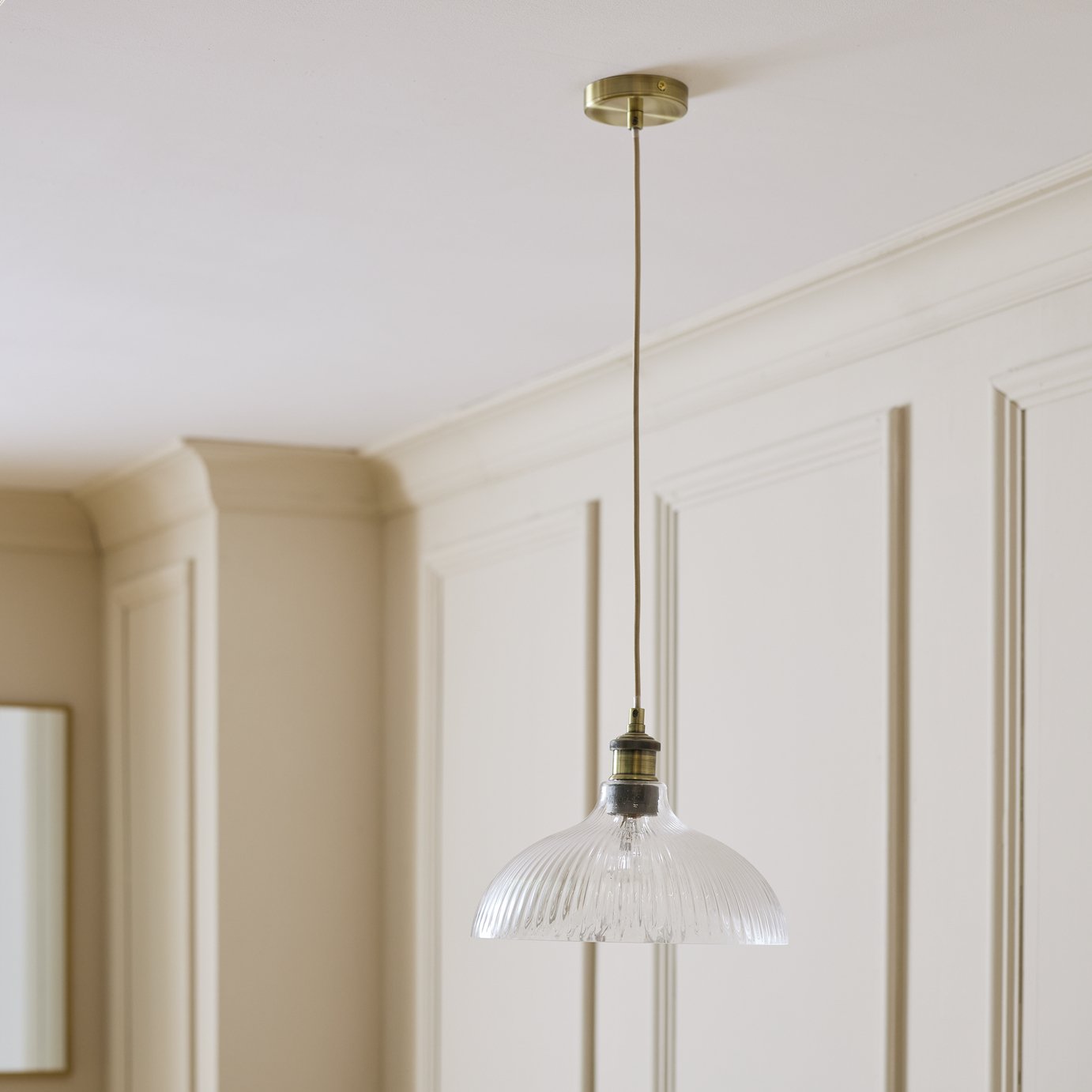 Ribbed Glass Pendant Ceiling Light Brass