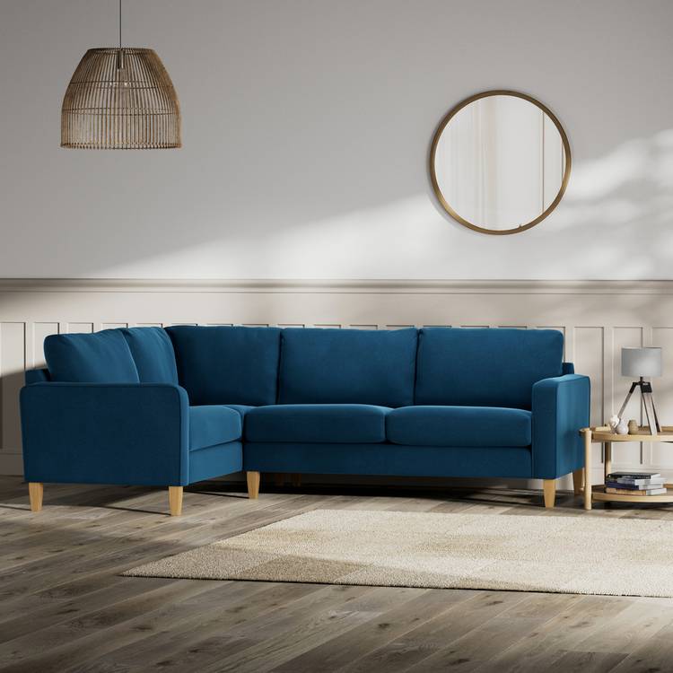 Habitat Flint Velvet Left Hand Corner Sofa-Ink Blue- Ash Leg 0